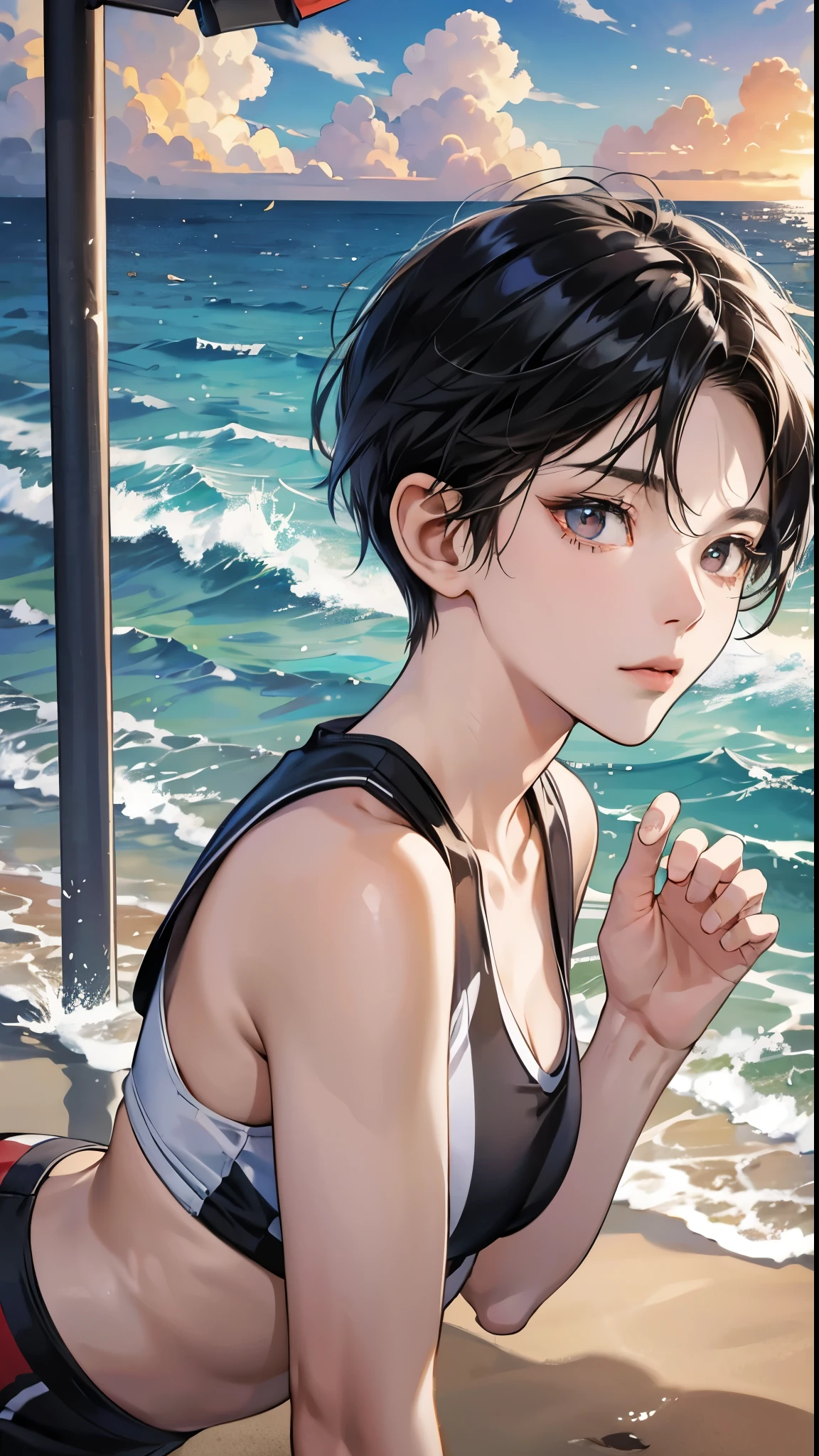 High resolution、masterpiece quality、4K、8K、Immersive:1.2. Tobio Kageyama, the main character of Haikyuu!,Her distinctive black hair appeared in a solo scene.。 The volleyball genius boy、The entire face is captured in detail in a close-up、Showcasing distinctive eyes and expressive facial features。 Kageyama is、It is depicted on a calm beach with the ocean in the background.、It highlights the tranquility and beauty of the surroundings。 Show off your dynamic poses during a beach volleyball match、It's getting even more exciting