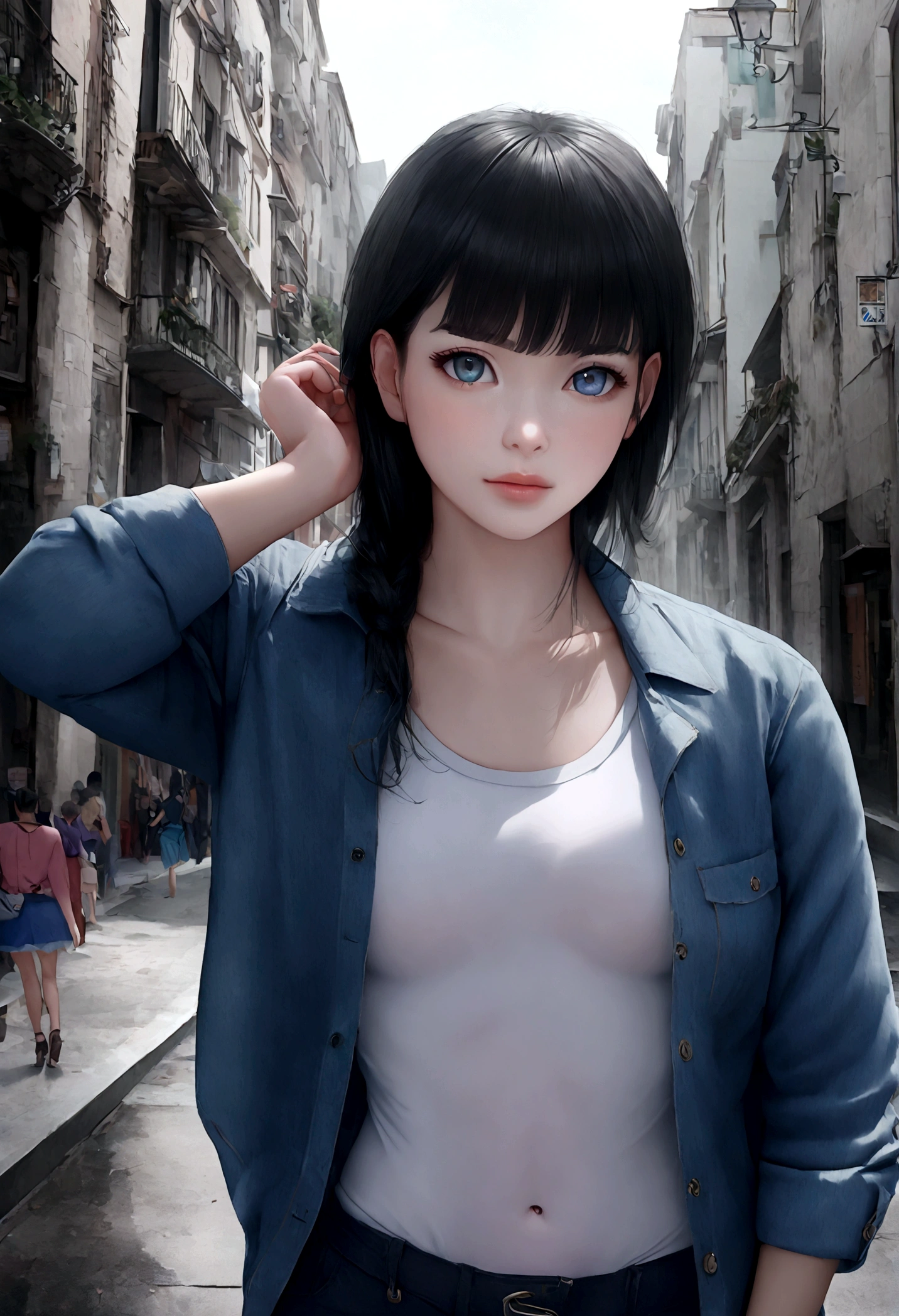 (8K, foto cruda, parte maestra:1.3), (realista, fotorrealista:1.37), (noche), (Mirando al espectador:1.331), (cabello rubio), Posando, calle tokio, Paisaje nocturno de la ciudad, ciudad ciberpunk, Luz tenue, 1 chica, cara extremadamente hermosa, busto, bajar las manos, peinado al azar, Random expression, Ojos grandes, abdomen bajo, (manga corta .jk_Camisa), (azul oscuro jk_Falda), (arco jk_amarrar), mezclar4., mejor calidad