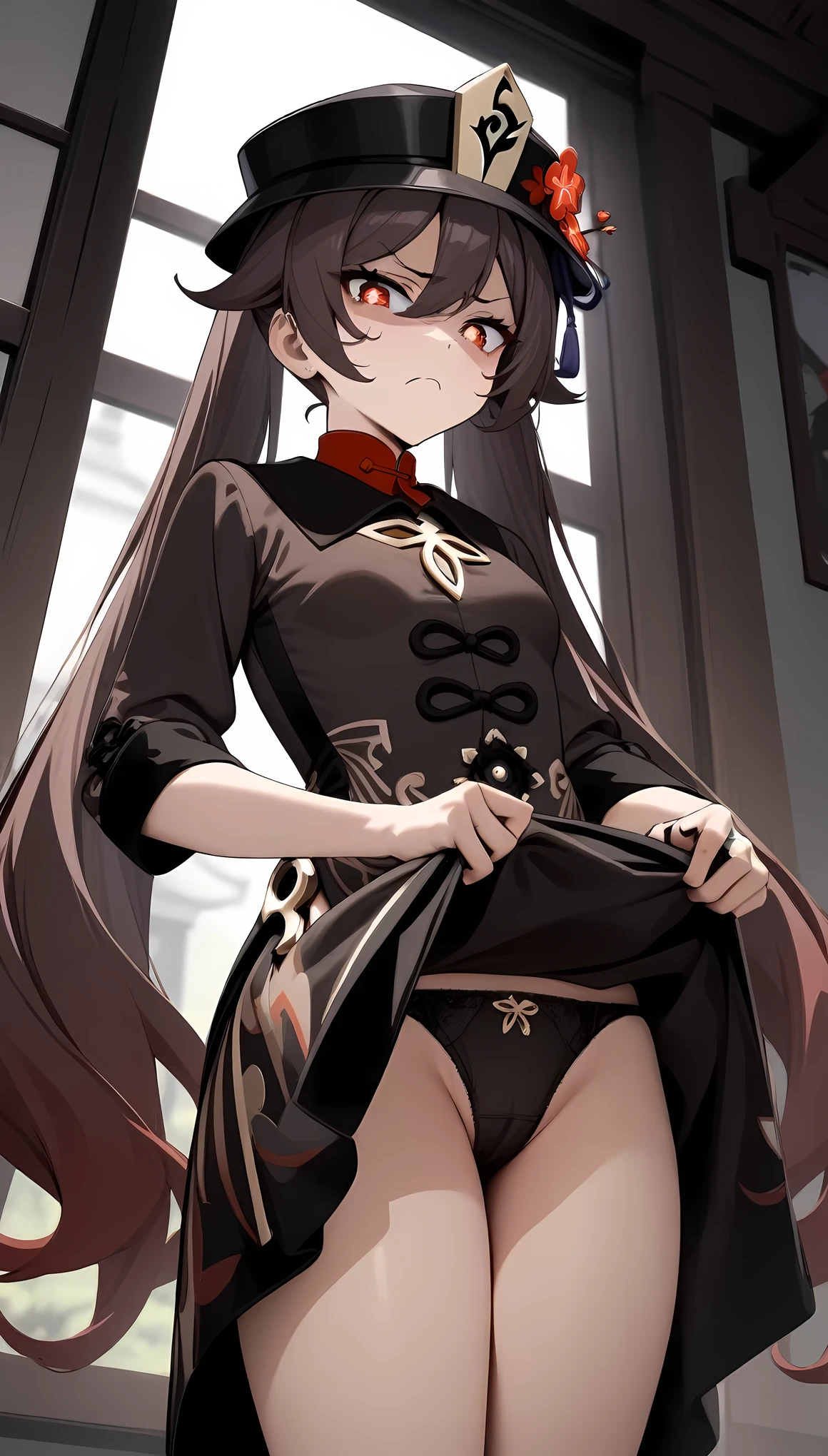 masterpiece, best quality, very aesthetic, absurdres, newest,1girl,cowboy shot, (contempt, disgust,shaded face,looking at viewer,frown),(from below,holding skirt, lifting skirt,panties),,hu_tao(genshin impact),hu tao, long brown hair, red eyes, twin tails, small breasts, hat, Chinese clothing, white socks,,in balcony
