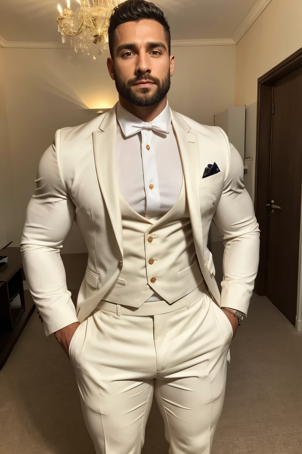 Beautiful man 30 years old, muscular body, barba rala, mas seu rosto esta iluminado pela fogueira. Creme formal trousers