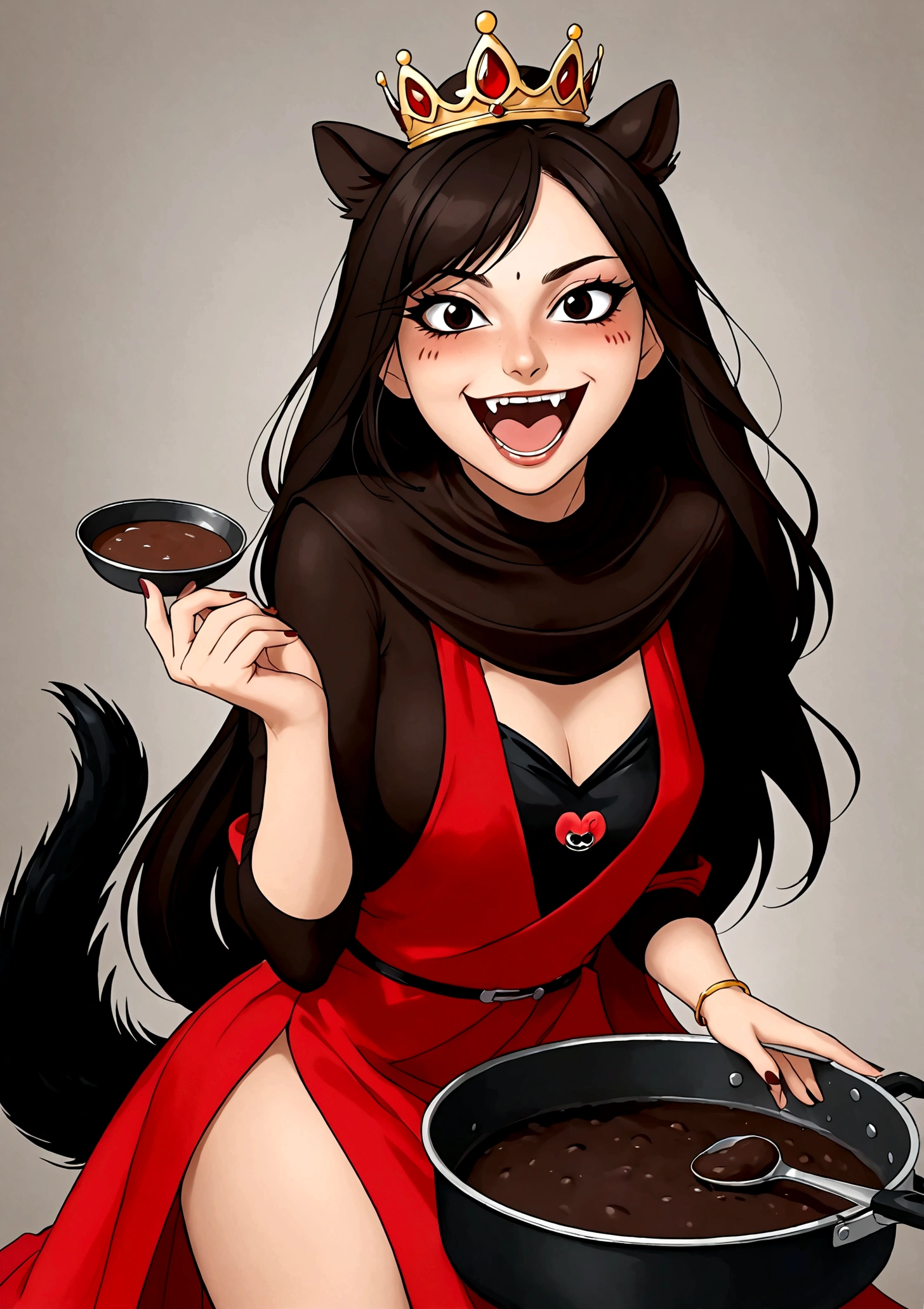 Anime girl holding a frying pan，laughing out loud，Fangs，Black eyes，(((A mole under the eye:1.9)))，Purple eyeshadow purple eyelids，Black long hair，Cat ears，Small Crown，Red off-shoulder dress，Fur collar shawl，wave，Slender neck