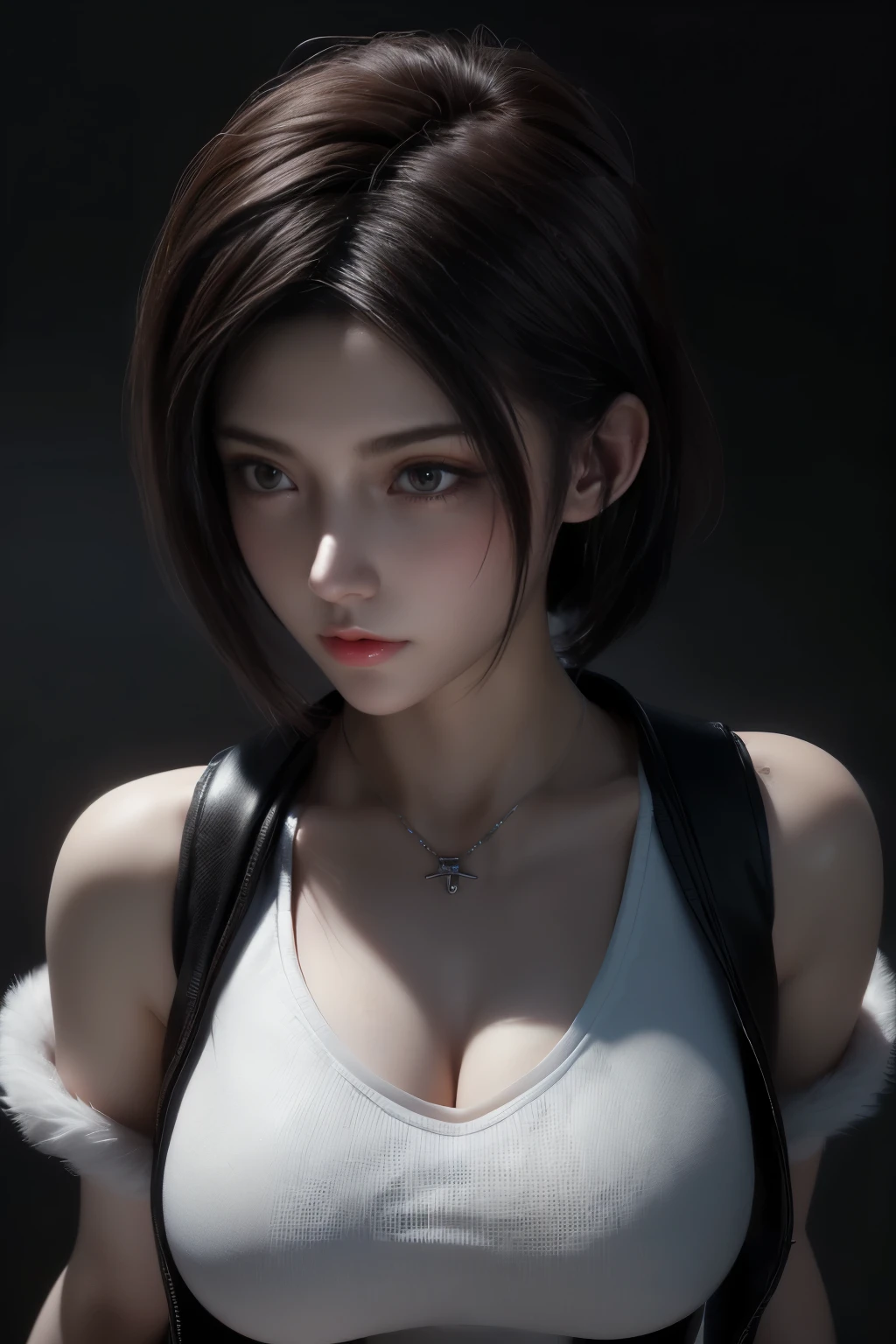 masterpiece,Game Art,Best picture quality,最high resolution,8K,((Above the waist:1.5)),(A bust photo),(portrait),(Head close-up),(Rule of Thirds),Unreal Engine 5 rendering works,(Digital Photography),(real picture:1.2),
20 year old girl,Short hair details,Long bangs,A face rich in detail,(The red eye makeup is carefully applied),(White，Red eyes with short hair,(Large target, Full breasts),Elegance and nobility,Brave and charming,
Reality, high resolution, 1 female, Solitary, Hip lift,Lolita clothing， beautiful eyes, White的頭髮, eye socket, Collared shirt,Black tie,Black skirt, pencil skirt, Fur coat