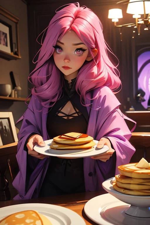 A pink haired female reaper with violet eyes and an hourglass figure in cute pajamas is  carrying a plate of pancakes into a Gothic dining room