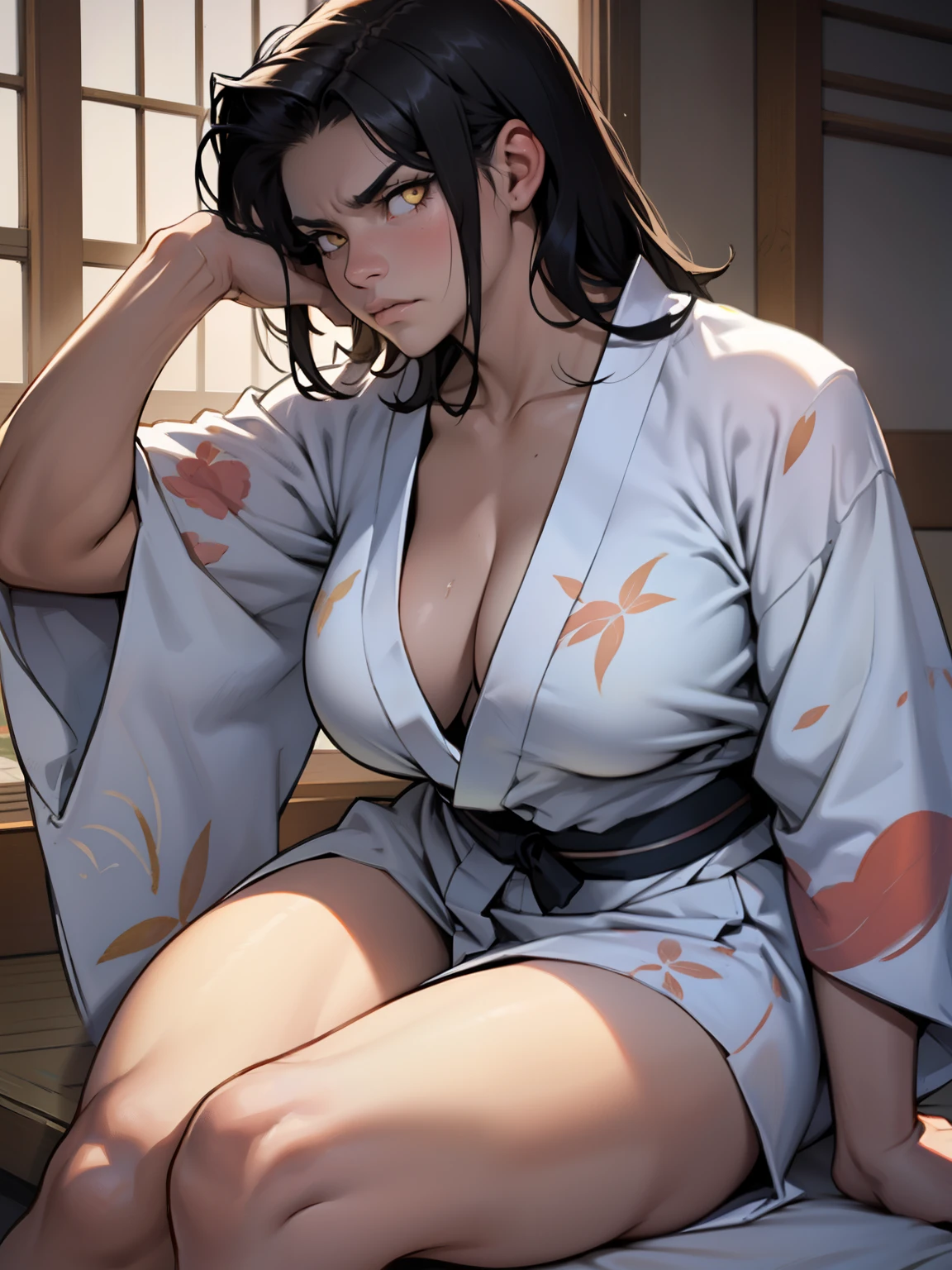 girl ((muscular)) massive breasts thick disdain disgusted annoyed disappointed black hair yellow eyes pale skin super detail yukata sitting