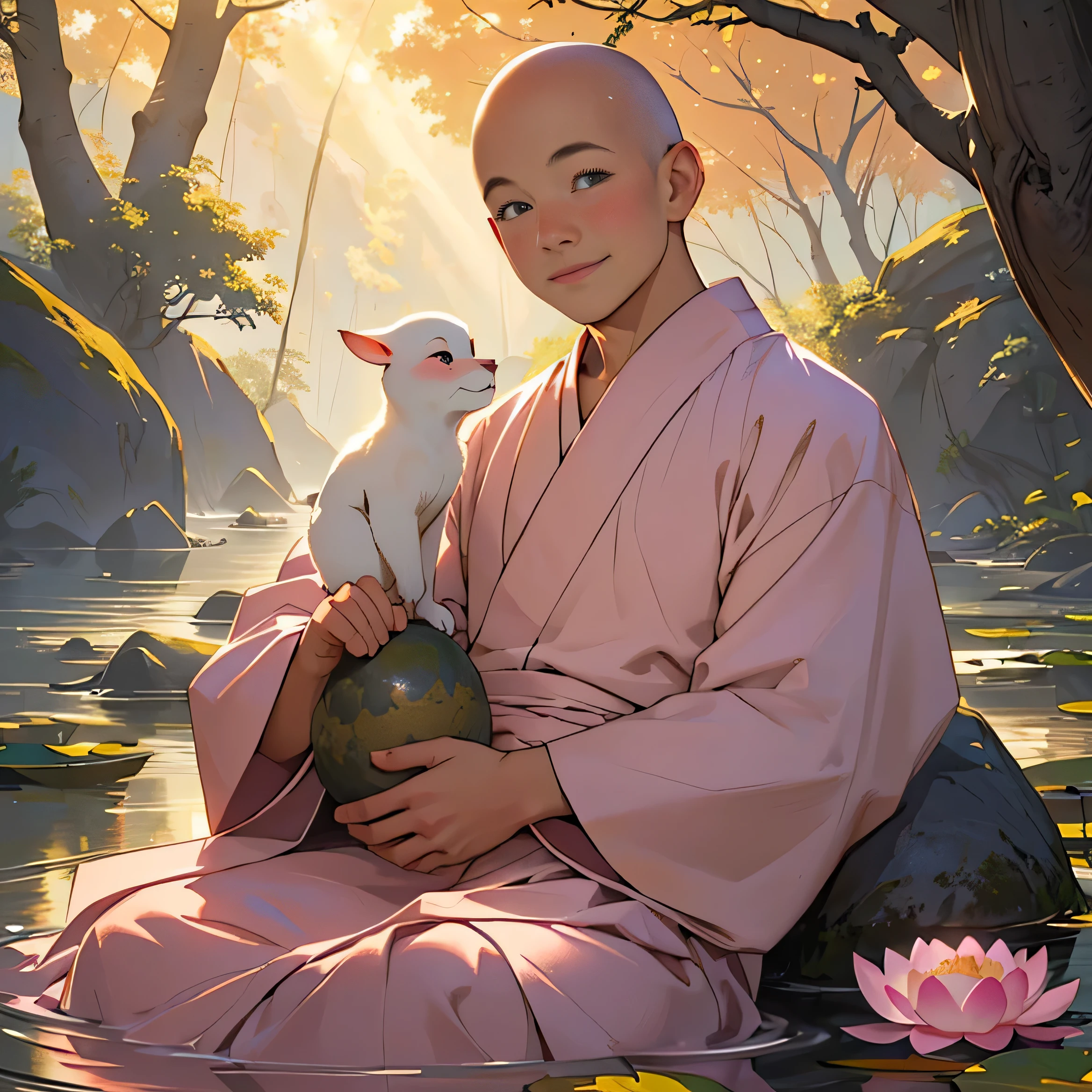 highest quality,Super detailed,Realistic,Portraiture,Soft colors,Quiet environment,Smiling Monk,Calm expression,Rosy Cheeks,Round face,Big eyes,Small Nose,small pink lips,Bald,Robe,With lotus flower,Golden Hour Lighting,wood々Sunlight shining through,Calm atmosphere,Sitting on a rock,To meditation.