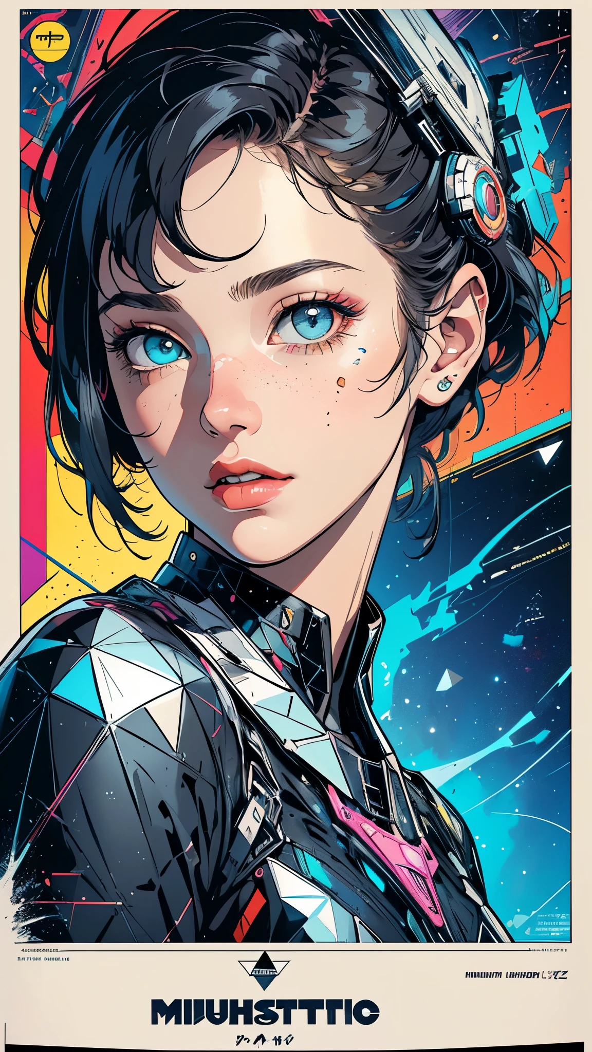 (((masterpiece, highest quality))),(((solo:1.2))),(((1girl:1.2))),32k wallpaper, very detailed, poster, vintage science fiction, 1960s,(((((geometric cinematic movie poster))))), (bauhaus), shape,(((abstract))), mid century modern, movie poster, vintage, Perfect Lady,1970's, halftone, speech bubble,(((portfolio,Close-up))),(((various angle))),(((bust up))),((highlight)),Vast landscape,((((heterochromia)))),(((complete. detailed face))),(((Extremely talented))),(((most complecated machine)))