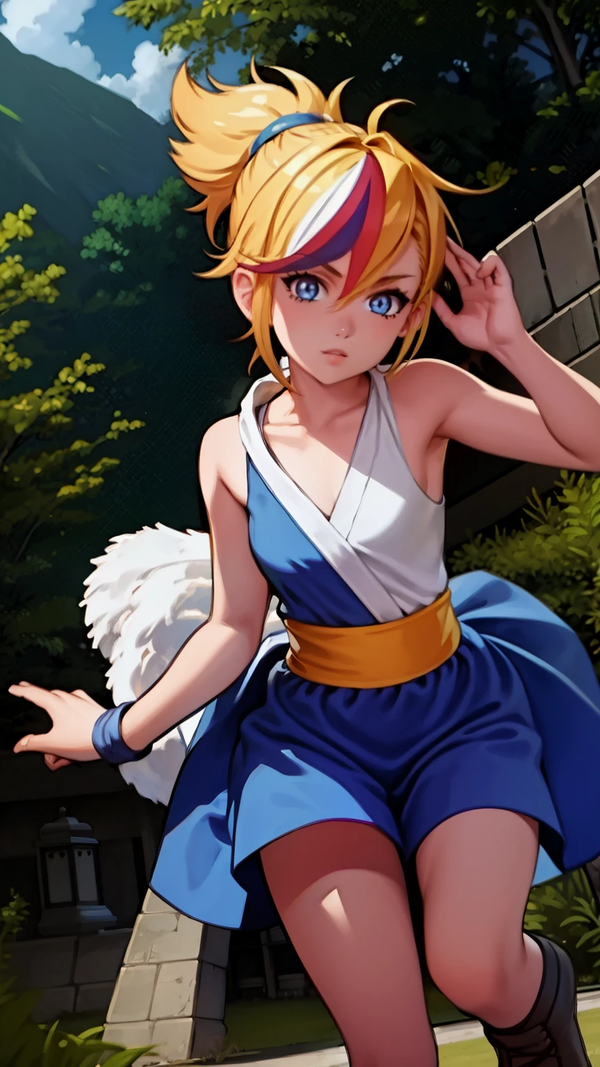 1girl, solo, promo art, by mika pikazo, masterpiece, bare shoulders,  ponytail, looking at viewer 