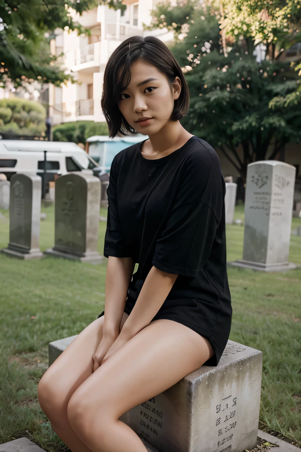 Young Asian woman with fair skin and short hair sitting on a tombstone