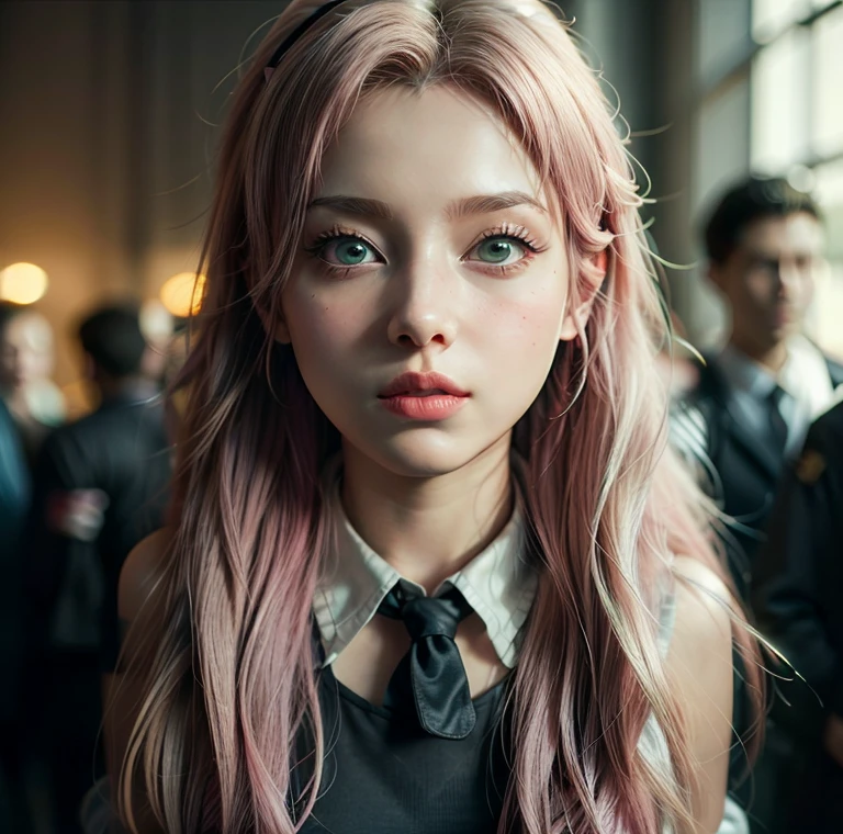 young woman, short shoulder-length pink hair, wide forehead, porcelain skin, pink eyebrows, big emerald green eyes, buttoned nose, full lips, heart-shaped face, slender body, small breasts, red tank top, Sakura Haruno , realistic, realism, details, 3d, well detailed