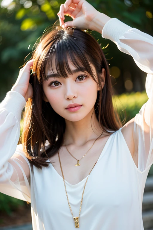 Create a highly detailed and realistic portrait of a young Japanese woman。She has long, straight, dark brown hair.、Bangs frame the face。Her skin is smooth and white、She wears natural makeup that accentuates her delicate features.。She is wearing a sheer white open-necked long-sleeve blouse and a gold pendant necklace.。She is posing relaxed and confidently.、I'm touching my hair with one hand。The background should be simple and neutral.、Focus on her。Finish with the highest quality