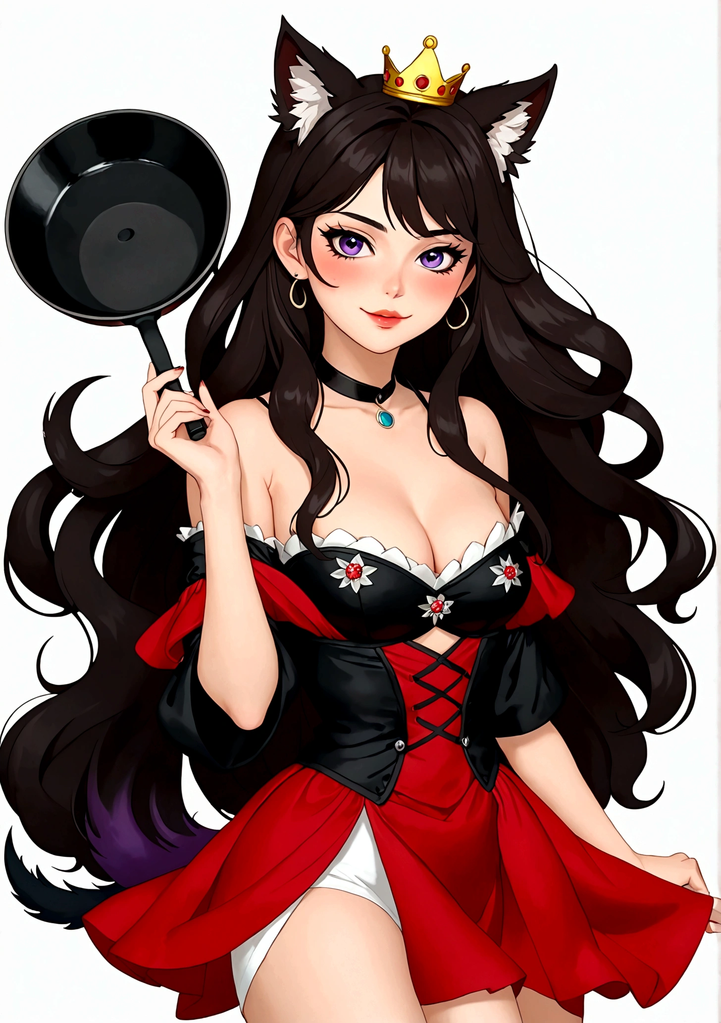 Anime girl holding a frying pan,laughing out loud,Fangs,Black eyes,(((Beauty mark:1.9))),Purple eyeshadow purple eyelids,Black long hair,Cat ears,Small Crown,Red off-shoulder dress,Fur collar shawl,wave,Slender neck