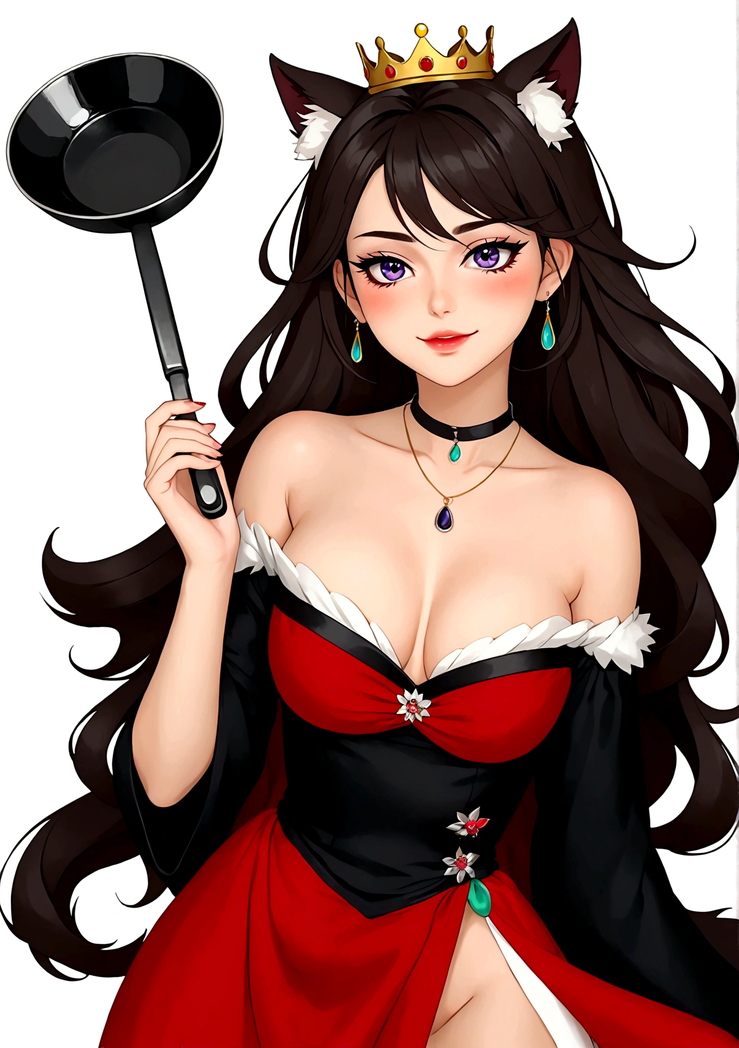 Anime girl holding a frying pan,laughing out loud,Fangs,Black eyes,(((Beauty mark:1.9))),Purple eyeshadow purple eyelids,Black long hair,Cat ears,Small Crown,Red off-shoulder dress,Fur collar shawl,wave,Slender neck