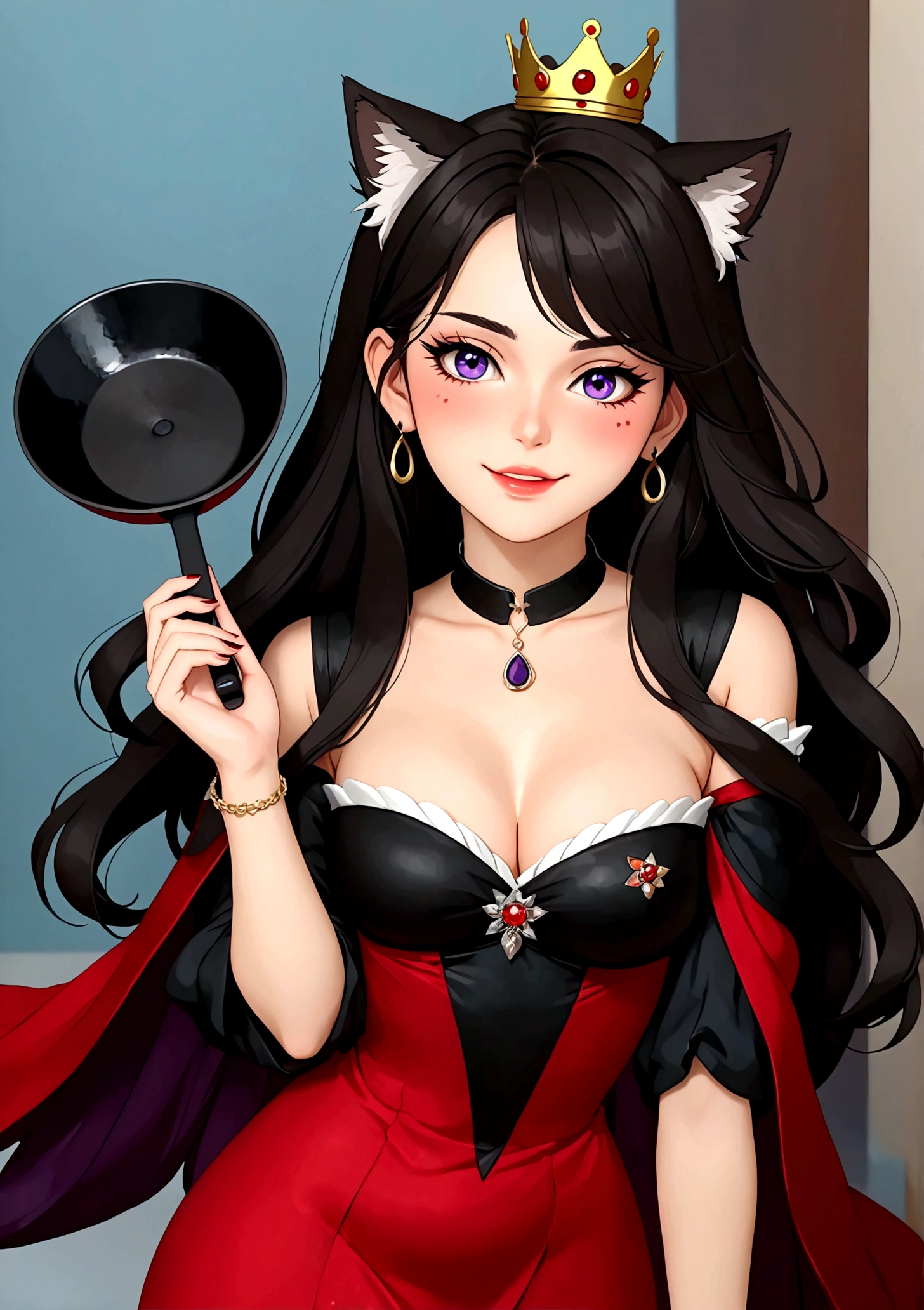 Anime girl holding a frying pan，laughing out loud，Fangs，Black eyes，(((Beauty mark:1.9)))，Purple eyeshadow purple eyelids，Black long hair，Cat ears，Small Crown，Red off-shoulder dress，Fur collar shawl，wave，Slender neck