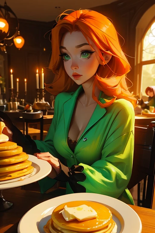 an orange haired female reaper with green eyes with an hourglass figure in  cute yellow pajamas is eating pancakes at a Gothic dining room table