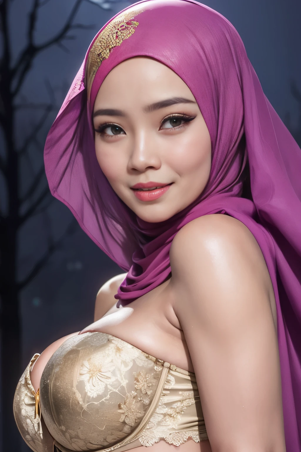 Hyper realistic, Beautiful, cute Face,  indonesian Girl, (wearing muslim hijab), Detailed sexy light purple lace kebaya dress, open breast, breast out, nude, nipples, small Rounded Breast, luxury necklace, White Skin, Dark City Background, mid shot, upper body, Perfect Potrait, Bokeh Effect, Look at Viewer, Armpit, Perfect Eye, Perfect Hand, Perfect Finger, Bracelet, Ring, (small breast), ((adorable:1.2)), ((masterpiece:1.1)), ((bokeh:1.2)), (dynamic seducing pose), seductive smile, flirting eyes