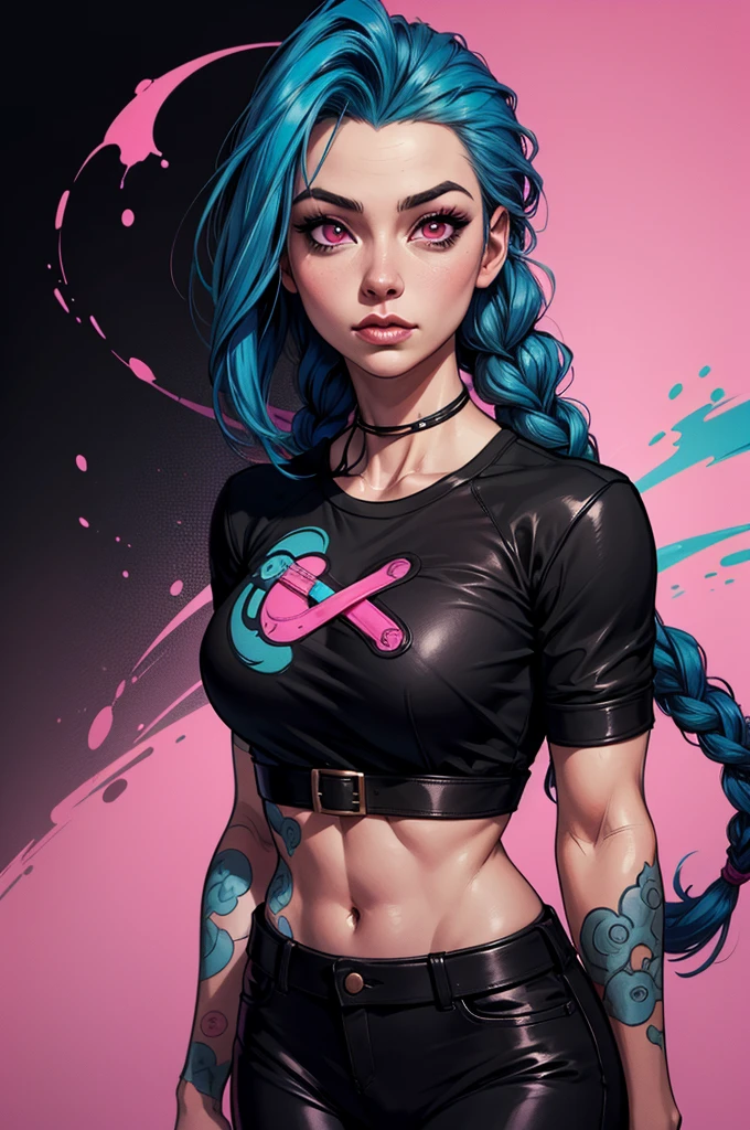 a woman with blue hair and a black shirt is standing in front of a pink background, lois van baarle and rossdraws, portrait of jinx from arcane, artgerm and lois van baarle, rossdraws 2. 0, rossdraws 1. 0, rossdraws 2. 5, artgerm and rossdraws, artgerm comic, 8K image quality, Masterpiece black background with pink brush splash, 8K image quality, Masterpiece