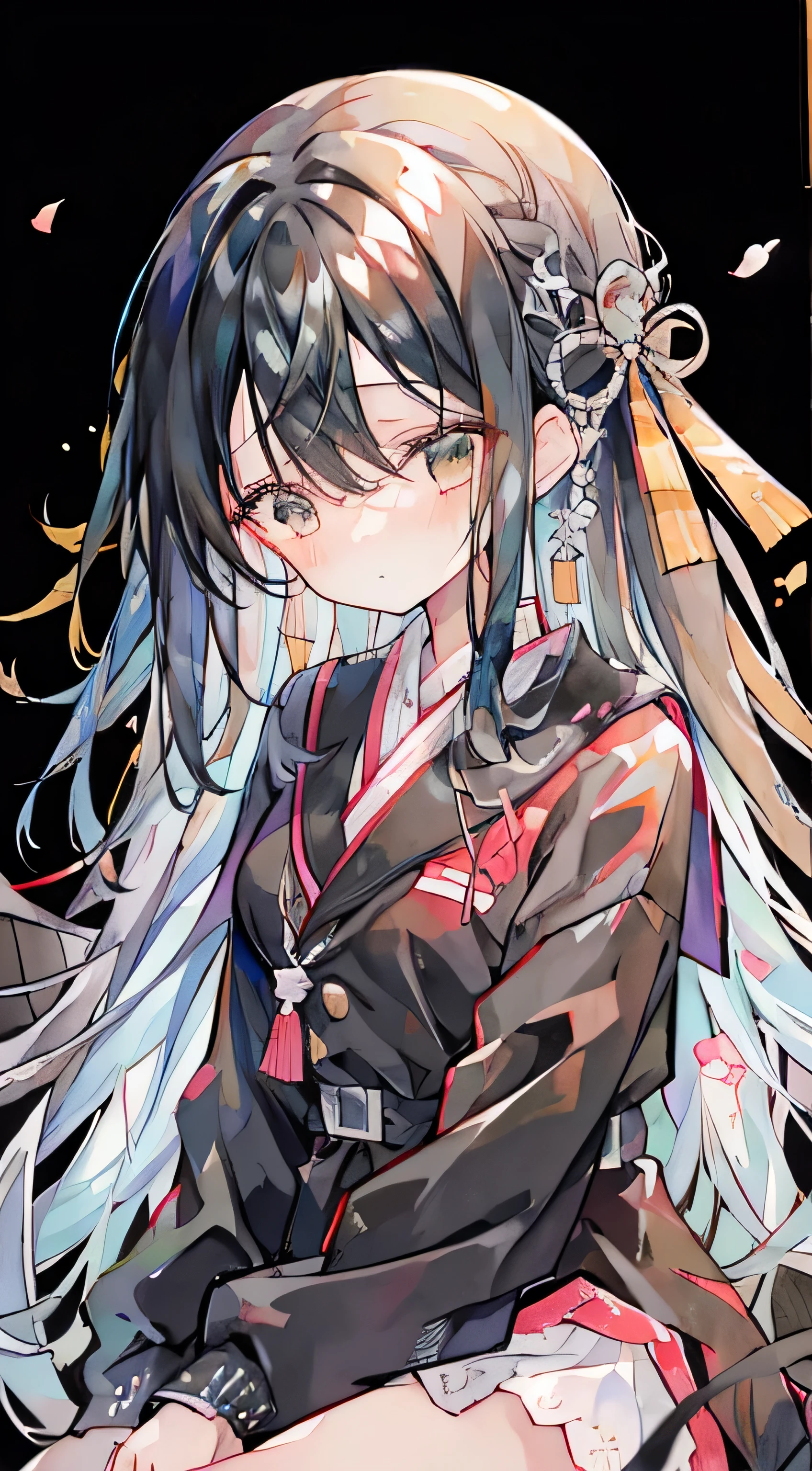 A girl、A、A black ribbon、Cross your legs、A black-haired one、Very long hair、masterpiece、Top quality、Top image quality、black background、terrible atmosphere
