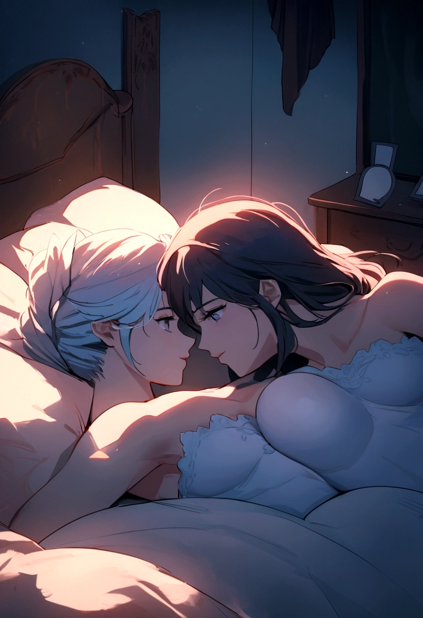 Characters from frozen Disney movie Elsa and Anna in their room, usando ropa interior de color blanco transparente de grandes pechos y cuerpo esbelto, se abrazan mientras se miran enfocada y sensual, cinematic scene with high resolution warm lighting