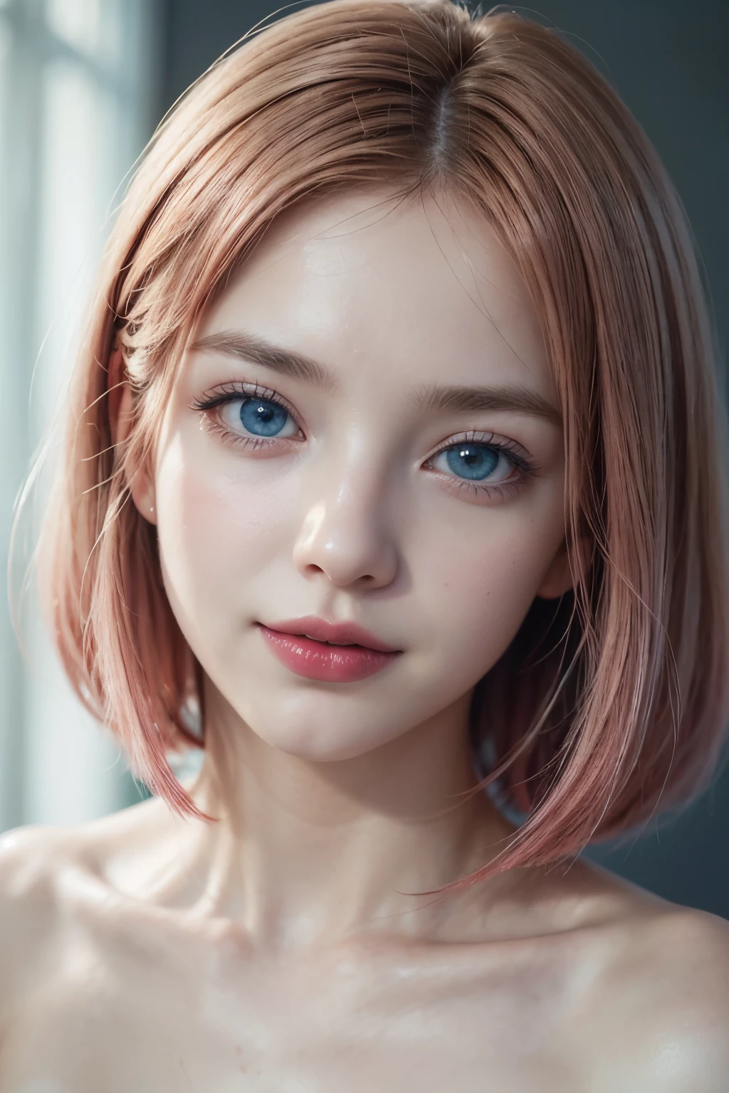 (best quality, professional), (portraits), (HDR, vivid colors), (physically-based ren dering), (classic bob hair style), (beautiful detailed eyes), (blue eyes), (long eyelas hes), (red lipstick), (pink hair), (candid portrait), (taken with kodak portra 400 fil m), (natural lighting), (soft and warm color tones), (medium: oil painting), (ultra-d etailed), (realistic), (sharp focus), (fine brushstrokes), (subtle textures), (elegant po se), (feminine appearance), (relaxed expression), (subtle smile), (intimate close-up shot), (minimalist background), (graceful and serene atmosphere)