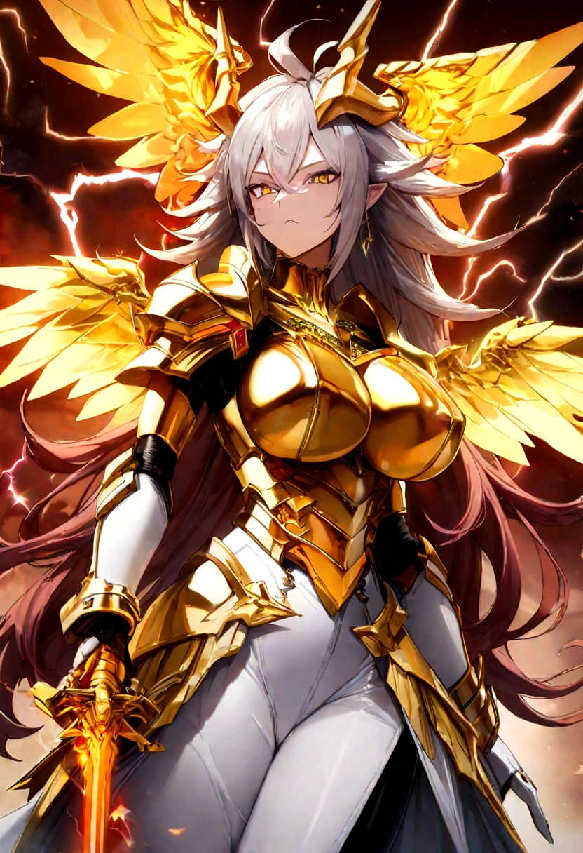 ((Lightning Power)), ((Electricity)), ((Fire Background)), ((Lightning Storm)), ((Power Erupting)),((((android 21 Evil)))), (((white Coat))), (((Busty))), (((((Big breast:1,3)))), luxury bustier corset, (((silver hair))), (((Very slim waist))), propotional body, ((Gorgeous)), (((gold wings))), masterpiece, hyperdetail, ambient effect, digital effect, (((FIRE SWORD)), (((Lightning Sword))), (((Fire Gold Armor))), (((Lightning Gold Wings))), (((Fire Blazing Horns)))