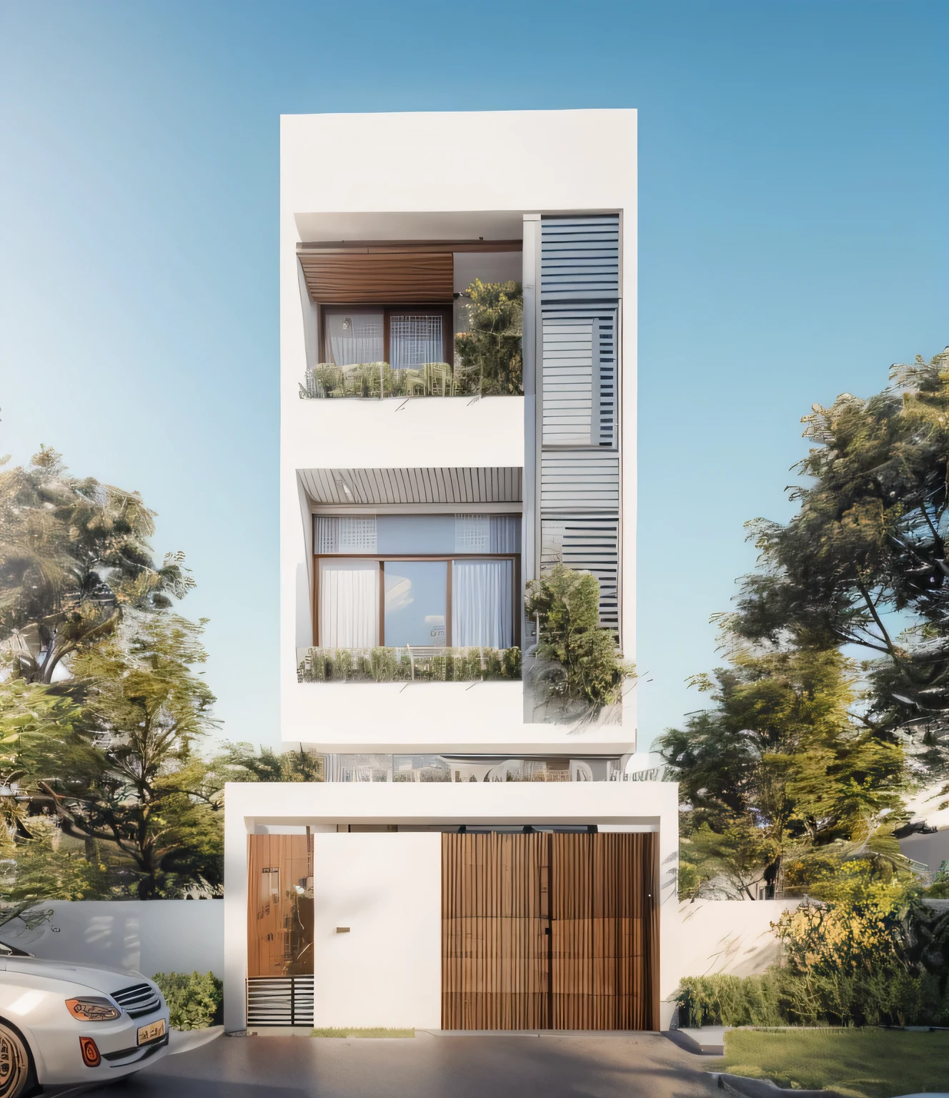 Exterior, house, luxury, modern style, reflective glass material, white wall paint, stone wall, wooden ceiling, in the city, crowded street, many cars, many people, many trees, sunrise, empty clouds, 8k, vray images