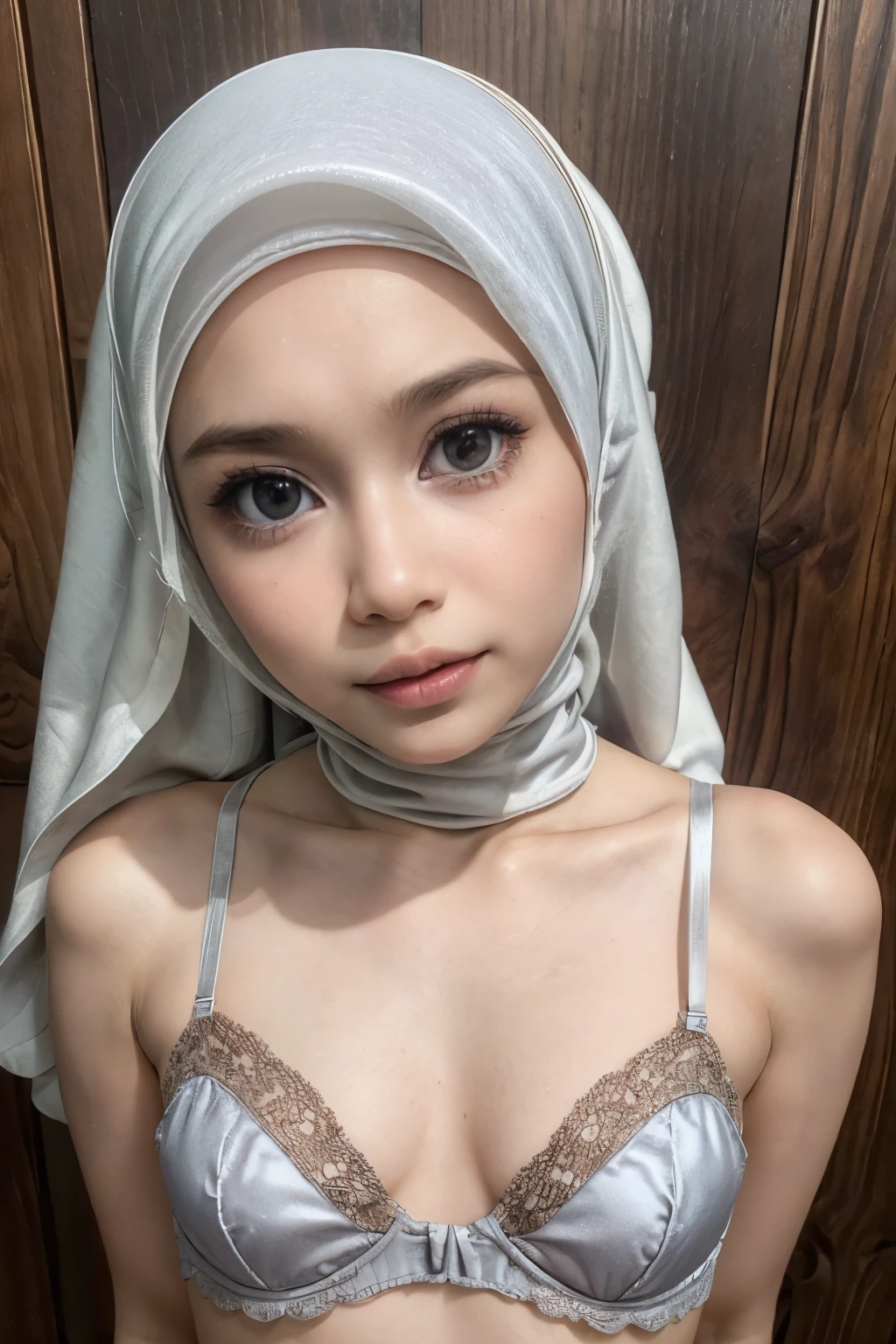 ((EYES WIDE )), ((OPEN BIG HUGE EYES)), ((FULL LACE)), Very Thin body (Wearing Bra Lingerie), (((HIJAB MALAY GIRL))), masutepiece, High quality, UHD 32K, Realistic face, Realistic skin feeling , A Malay Lady, 8 years old, , Very cute and baby-like face, (((FLAT CHEST))), (MATRIX WORLD), ((look In front  at the camera and SADNESS)), ((())), (((CUTE GIRL))), ((SILVER LIPS)), ((BROWN)), (naked undress). WEAR BRA LINGERIE, purple, lace