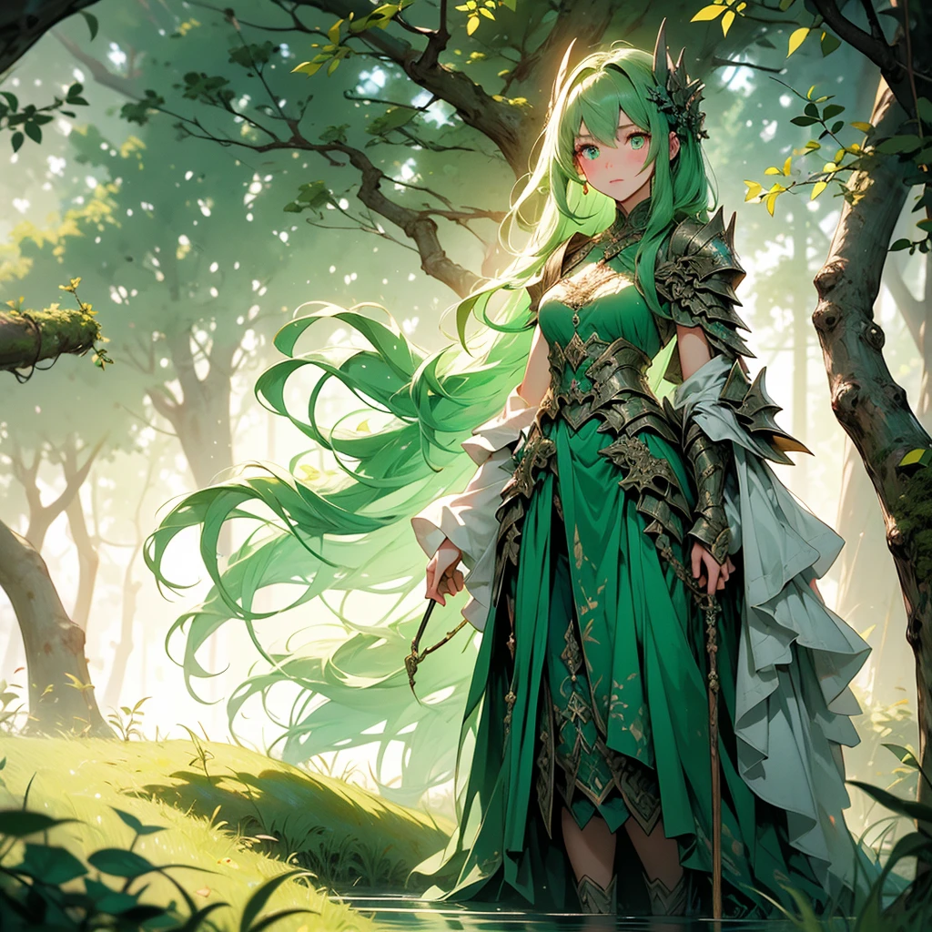 ((full body shot)) of a girl in natural, leafy armor with vines and flowers woven into the design, standing in an enchanted, ancient forest. She has long, flowing green hair and glowing, emerald eyes. Her skin has a faint, earthy texture, and she is adorned with various pieces of nature, like feathers and crystals. She holds a staff made of twisted wood and adorned with glowing runes. The atmosphere is {tranquil|magical}, with shafts of sunlight piercing through the dense canopy. The ground beneath her is a lush carpet of moss and fallen leaves, reflecting the vibrant life and adding to the natural ambiance. Surrounding her are various woodland creatures and glowing plants in shades of {green|yellow}, casting a warm, natural glow. The background features towering, ancient trees and mystical stone formations, hinting at a hidden, magical sanctuary. The scene is serene and mystical, with her face showing a gentle yet powerful expression, her eyes focused intently on her surroundings.

[Best quality], [Masterpiece], [Ultra-detailed], [4k], {tranquil|magical} atmosphere, ancient forest, {dynamic pose|serene pose}, sunlight illumination, {soft shadows|dappled lighting}, {reflected light on moss:0.7}, {glowing plants:0.6}, {woodland creatures:0.5}, {ancient trees:0.4}, {mystical stones:0.3}.