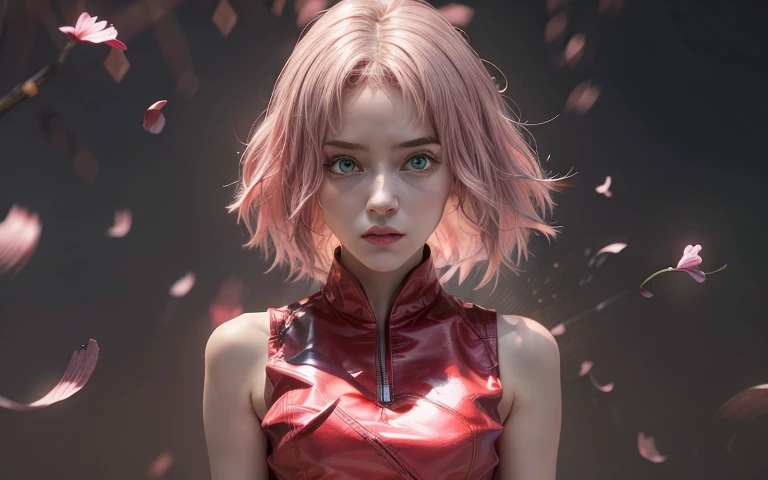 young woman, short shoulder-length pink hair, wide forehead, porcelain skin, pink eyebrows, big emerald green eyes, buttoned nose, full lips, heart-shaped face, slender body, small breasts, red tank top, Sakura Haruno , realistic, realism, details, 3d, well detailed
