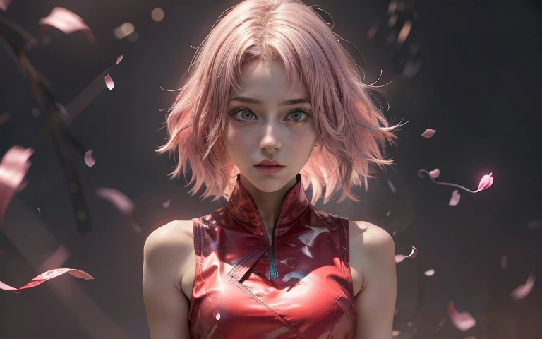 young woman, short shoulder-length pink hair, wide forehead, porcelain skin, pink eyebrows, big emerald green eyes, buttoned nose, full lips, heart-shaped face, slender body, small breasts, red tank top, Sakura Haruno , realistic, realism, details, 3d, well detailed