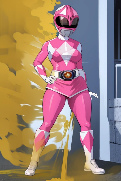 HD, high quality, high resolution, ultrahd, pink ranger, power ranger, wearing ranger outfit, super sentai, pink outfit, ranger helmet, tall body, fit body, massive fart, yellow smoke, leaning, embarrassed, posing