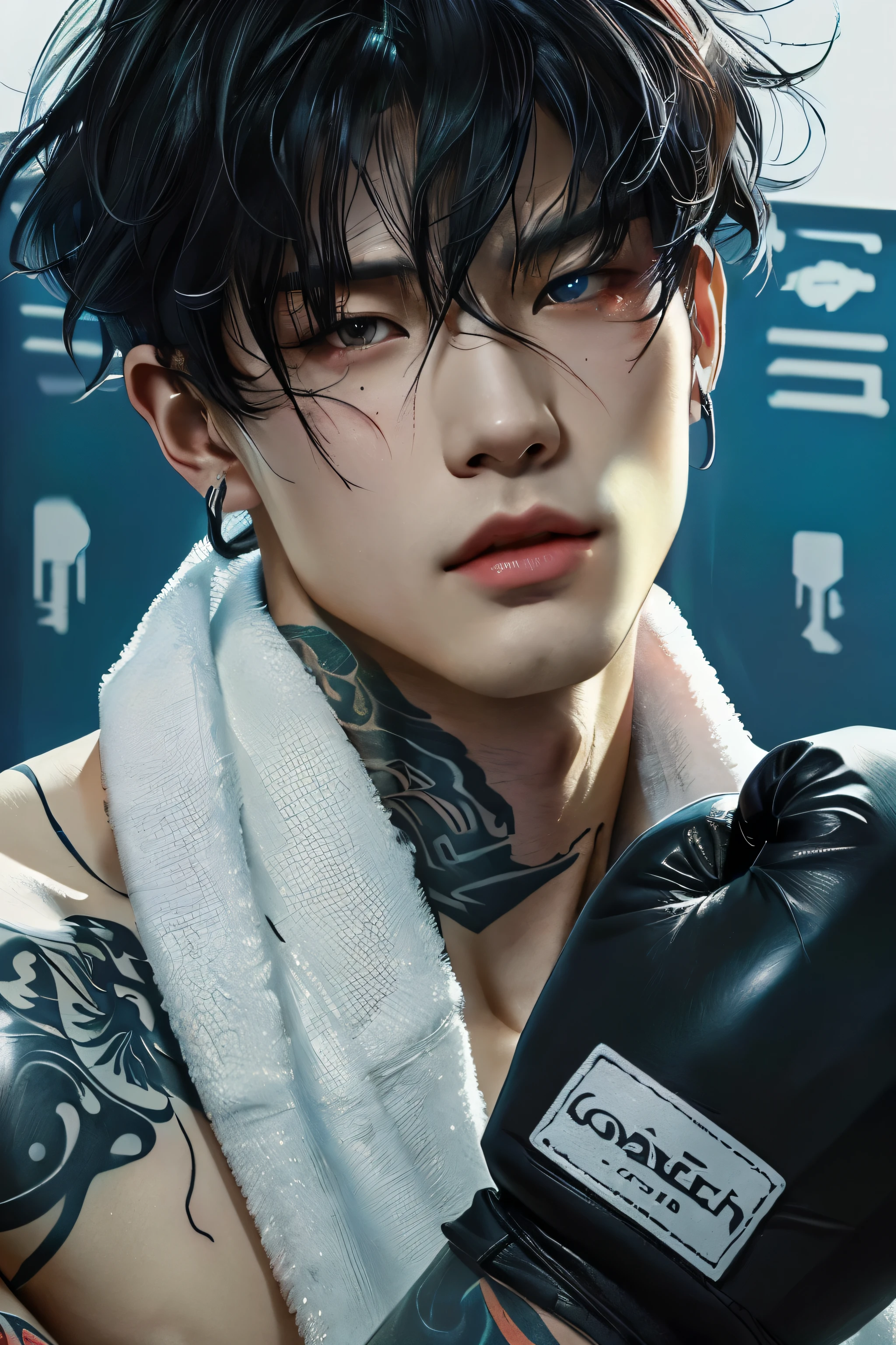there is a man with a tattoo on his arm and a boxing glove, handsome guy in demon slayer art, inspired by Yanjun Cheng, artwork in the style of guweiz, handsome japanese demon boy, beautiful artwork, hyper realistic illustration, rossdraws 1. 0, realistic illustrative painting, :: rossdraws, rossdraws 2. 0, highly detailed exquisite fanart