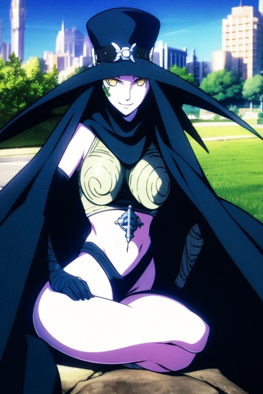 Scathach, solo, female, shin megami tensei, hat, flower tattoo, (cape 2.0) gloves, white skin, (yellow eyes 1.1), flowing, sitting, shirt, smile, park, city