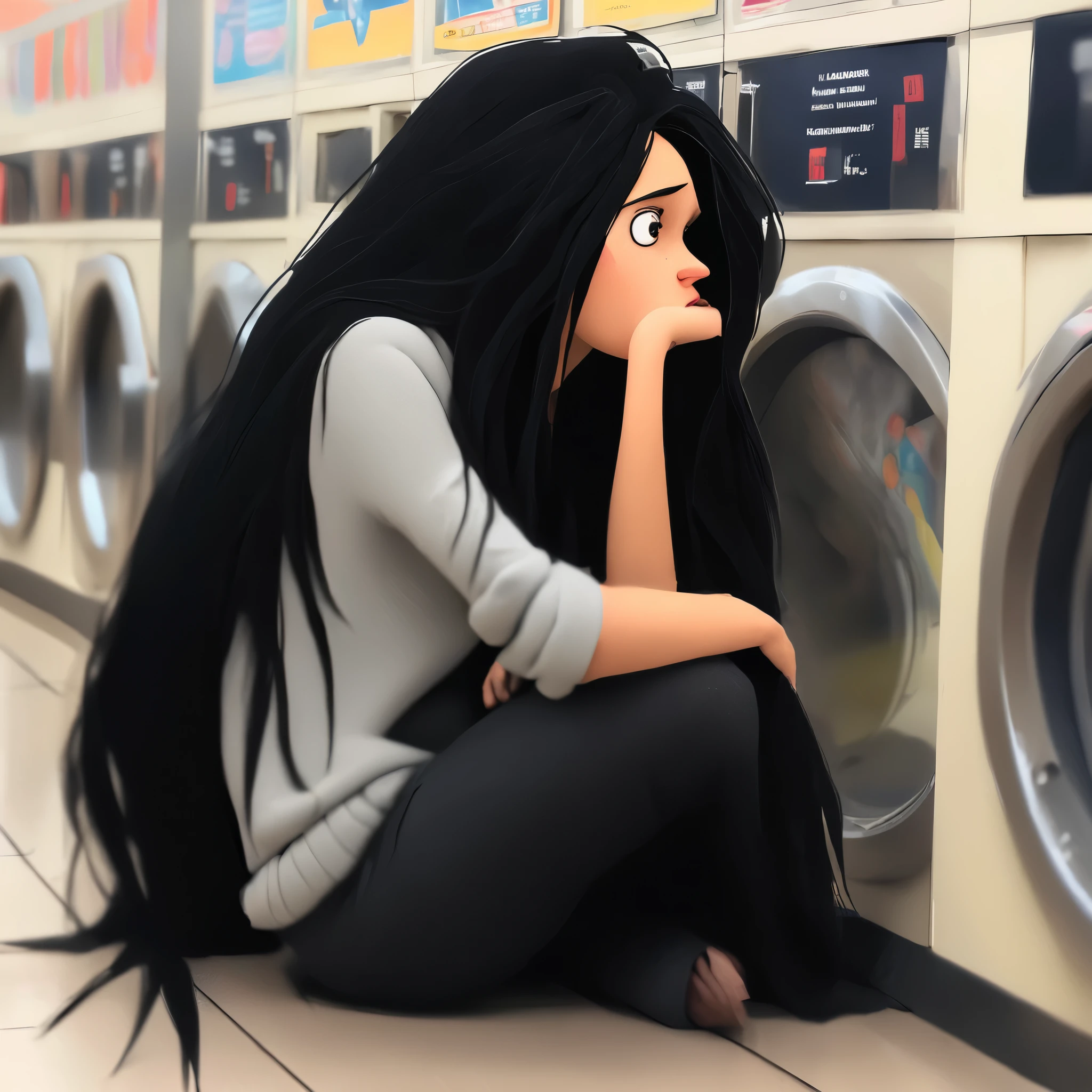 woman, Long black hair, boredom, Waiting at the laundromat
