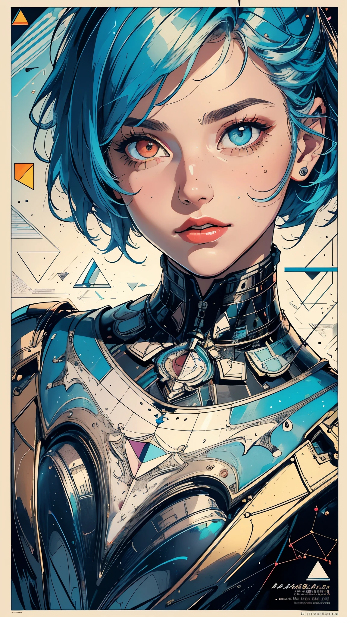 (((masterpiece, highest quality))),(((solo:1.2))),(((1girl:1.2))),32k wallpaper, very detailed, poster, vintage science fiction, 1960s,(((((geometric cinematic movie poster))))), (bauhaus), shape,(((abstract))), mid century modern, movie poster, vintage, Perfect Lady,1970's, halftone, speech bubble,(((portfolio,Close-up))),(((various angle))),(((bust up))),((highlight)),Vast landscape,((((heterochromia)))),(((complete. detailed face))),(((Extremely talented))),(((most complecated machine)))