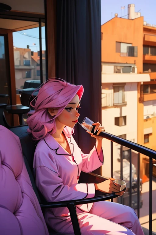 a pink haired female reaper with violet eyes with an hourglass figure in a cute pajamas is drinking orange juice on the balcony