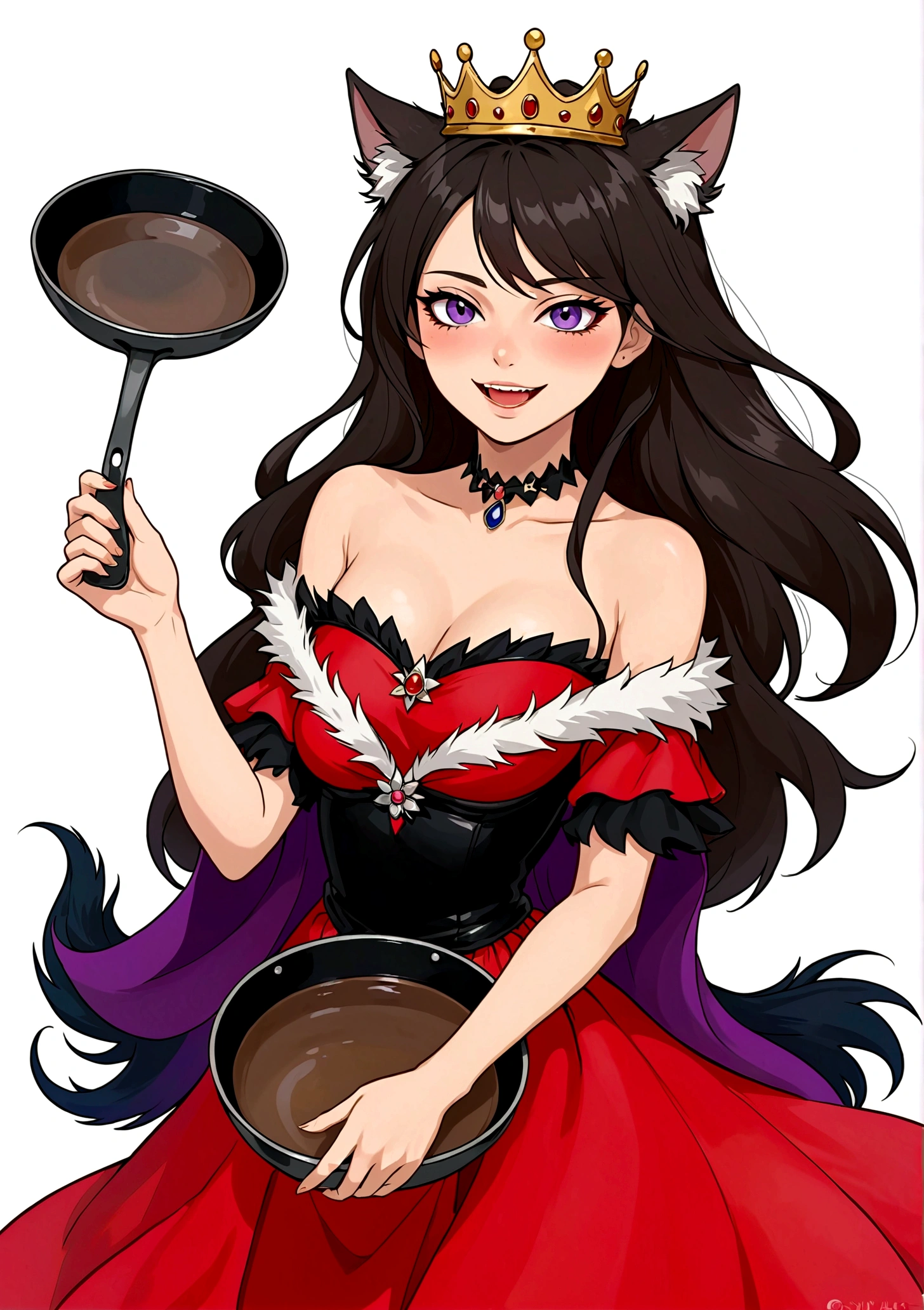 Anime girl holding a frying pan，laughing out loud，Fangs，Black eyes，(((A mole under the eye)))，Purple eyeshadow purple eyelids，Black long hair，Cat ears，Small Crown，Red off-shoulder dress，Fur collar shawl，wave，Slender neck