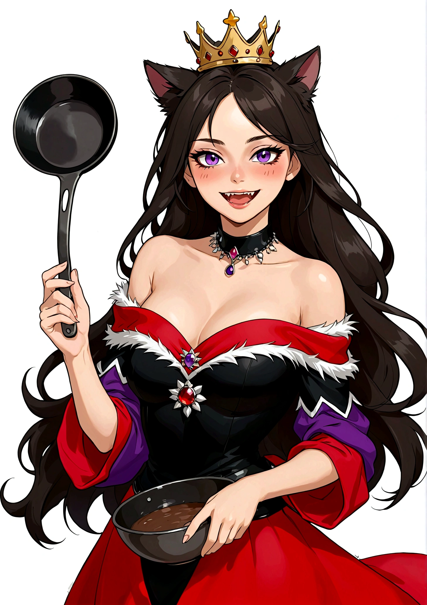 Anime girl holding a frying pan,laughing out loud,Fangs,Black eyes,(((A mole under the eye))),Purple eyeshadow purple eyelids,Black long hair,Cat ears,Small Crown,Red off-shoulder dress,Fur collar shawl,wave,Slender neck