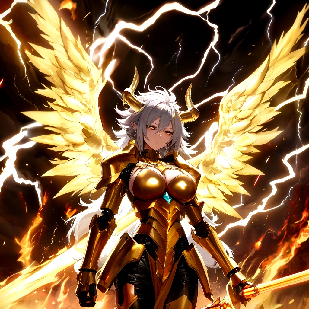((Lightning Power)), ((Electricity)), ((Fire Background)), ((Lightning Storm)), ((Power Erupting)),((((android 21 Evil)))), (((white Coat))), (((Busty))), (((((Big breast:1,3)))), luxury bustier corset, (((silver hair))), (((Very slim waist))), propotional body, ((Gorgeous)), (((gold wings))), masterpiece, hyperdetail, ambient effect, digital effect, (((FIRE SWORD)), (((Lightning Sword))), (((Fire Gold Armor))), (((Lightning Gold Wings))), (((Fire Blazing Horns)))