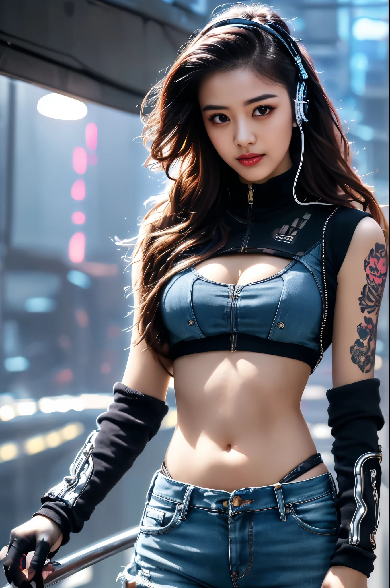 Avatar,Realistic 8K images,Hip lift,masterpiece,Complete anatomy,Complete dynamic composition,morning sun,Light shines on the front,Young woman with long brown hair,staring at me.,a small but cute smile,The machine is connected to the machine...,Put on your headphones，Admire the bright neon lights...,Solitary,,Tattoos on upper arms and abdomen...,Intricate details,strange details,future world,beyond expectation,Cyberpunk ,Elegant Cyberpunk,Thai Pattern Thai Motive,.,Popular Cyberpunk,Cybernetics((白红黄金Cyberpunk人物....)),Bikini body-,Denim shorts,White vest,Big gears with a desolate background....