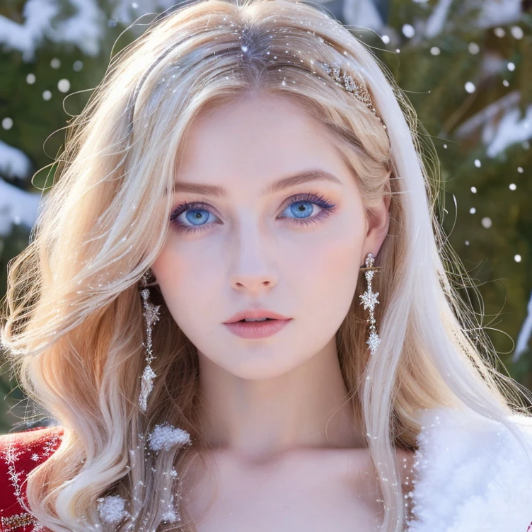 Beautiful girl, blue eyes, long curly white hair, detailed facial traits, national turkic female dress, naked breasts, yurta behind, it's snowing, huge beautiful earrings
