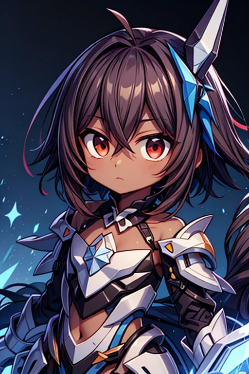 (((dark skin tone))),dark skin male, femboy, dark skin, cute shota,red eyes, blue mecha hairpin, dark brown hair medium hair,wearing a black exoskeleton, blue gauntlet's, honkai impact herrscher of reason,full armour mecha_musame, honkai impact 3rd, orange gem on the chest, close up