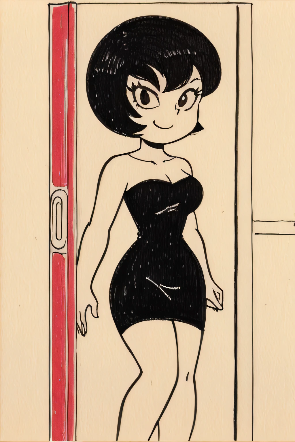 Jucika, traditional media, black eyes, black hair, short hair, flat color, solid color, colored skin, zPDXL, best quality, amazing quality, score 9, 1girl, collarbone, strapless black tube dress, black chocker, standing at a pink front door, arms at sides, looking at viewer, smug,