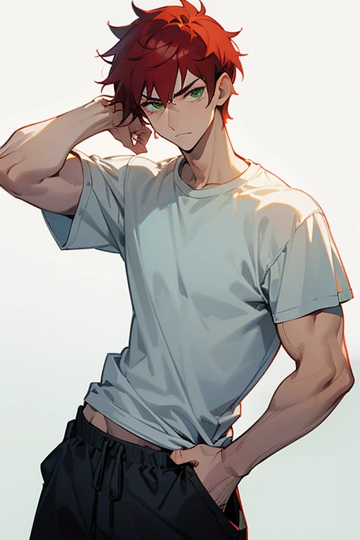 Appearance: Green eyes, red short haired, musculine v taper build, siren eyes. Gender: male/guy/men. Clothes: white oversized t shirt, black sweatpants. Pose: model pose. Face expression: stern/calm/serious