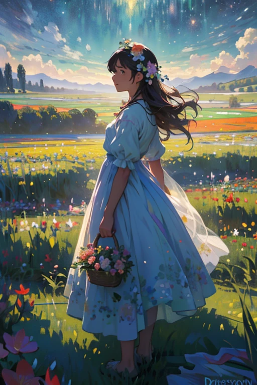 There is a girl standing in a flower field looking up at the sky, A girl standing in a flower field, A girl walks in a flower field, Get lost in a fantastic wonderland, standing in flower field, dreamlike digital painting, The sky is gradually clearing, The starry sky gradually receded，(Monet, Impresionismo, Oil painting), 02