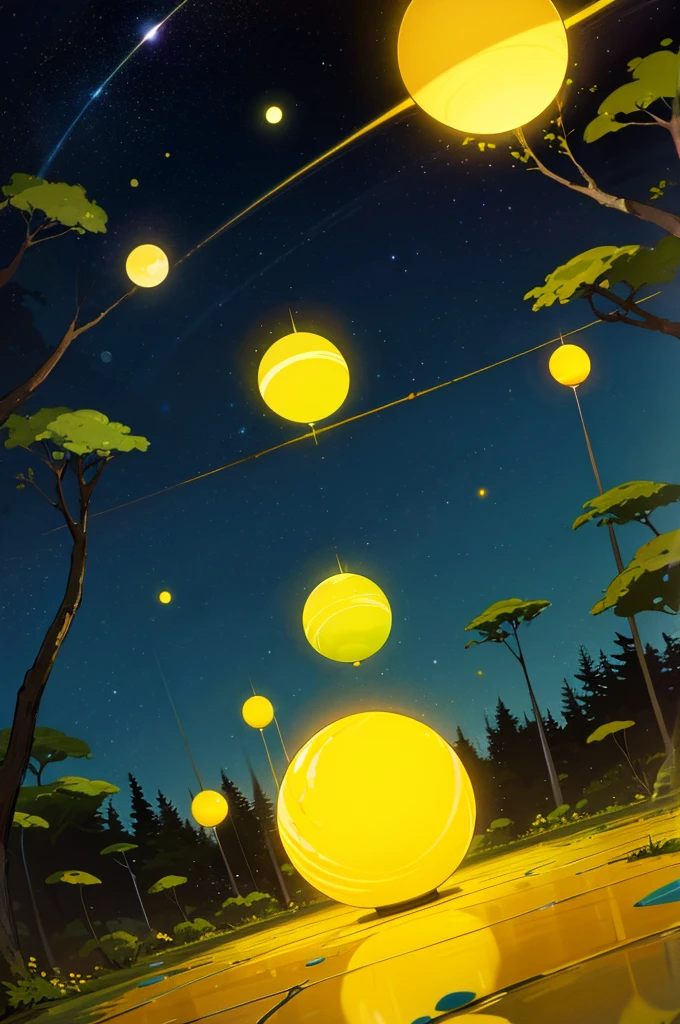 A forest with bright yellow colors. It's night, and there are bright stars in the sky and some planets. There are few yellow glowing orbs floating in the forest. In the center, there is a large yellow tree, which shines. And on the floor, there are some flowers that shine.