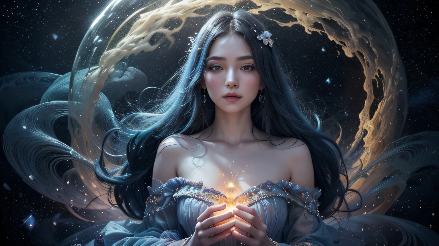 "A vibrant modern acrylic painting of a celestial garden, set in a mystical, whimsical atmosphere, where delicate gardenia flowers blossom amidst a swirling vortex of twinkling stars, depicted in intricately detailed, expressive brushstrokes with heavy textures, situated in a dreamlike, surreal landscape, with shimmering shades of cerulean blue, iridescent purple, and soft peach, blending harmoniously to evoke an ethereal quality, rendered in ultra-high resolution, showcasing breathtaking details, on a luxurious, matte-finish canvas, exuding cinematic grandeur."
