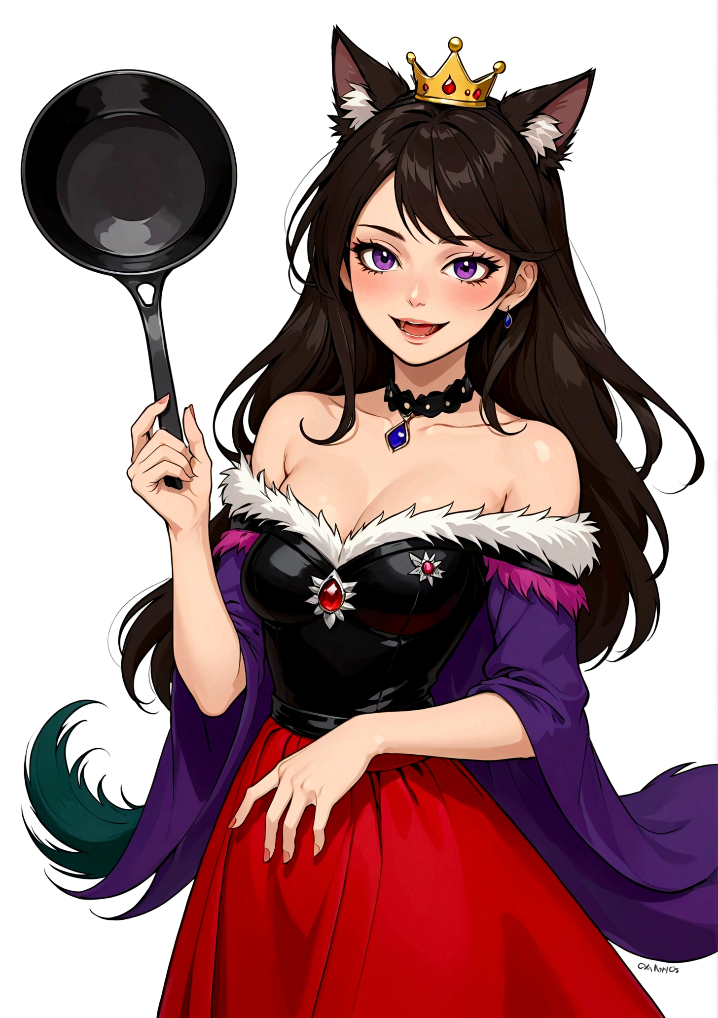 Anime girl holding a frying pan,laughing out loud,Fangs,Black eyes,A mole under the eye:1.9,Purple eyeshadow purple eyelids,Black long hair,Cat ears,Small Crown,Red off-shoulder dress,Fur collar shawl,wave,Slender neck