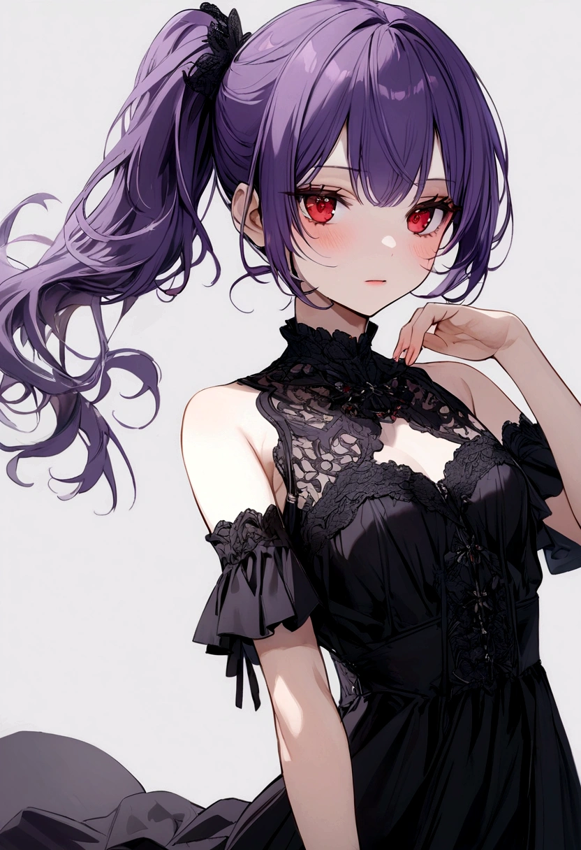purple haired girl, waist length ponytail, red eyes, wearing black dress like model,