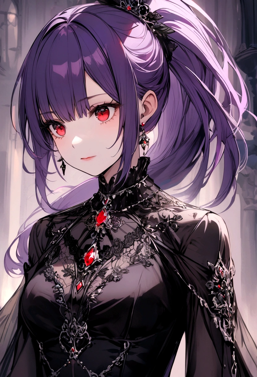 purple haired girl, waist length ponytail, red eyes, wearing black dress like model,