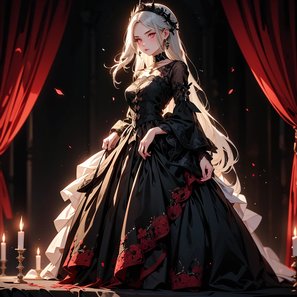 ((full body shot)) of a girl in elegant, dark Victorian-era clothing with intricate lace and velvet, standing in a moonlit, gothic manor. She has long, flowing raven hair and piercing, blood-red eyes. Her skin is pale, almost ethereal, and she wears a jeweled choker. She holds an ornate, silver dagger encrusted with rubies. The atmosphere is {eerie|sophisticated}, with shadows dancing across the room from flickering candelabras. The ground beneath her is covered in rich, dark carpets, reflecting the opulence and adding to the gothic ambiance. Surrounding her are antique furniture and portraits in shades of {black|crimson}, casting a historical, macabre glow. The background features grand, arched windows with heavy curtains and a glimpse of a full moon outside, hinting at a luxurious yet haunted residence. The scene is silent and haunting, with her face showing a calm yet predatory expression, her eyes focused intently on her next move.

[Best quality], [Masterpiece], [Ultra-detailed], [4k], {eerie|sophisticated} atmosphere, gothic manor, {dynamic pose|elegant pose}, moonlit illumination, {soft shadows|dramatic lighting}, {reflected light on carpets:0.7}, {flickering candles:0.6}, {antique furniture:0.5}, {heavy curtains:0.4}, {arched windows:0.3}.